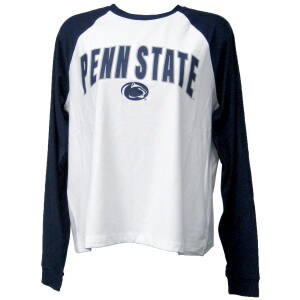 women's white long sleeve baseball t-shirt with navy sleeves Penn State and Athletic Logo